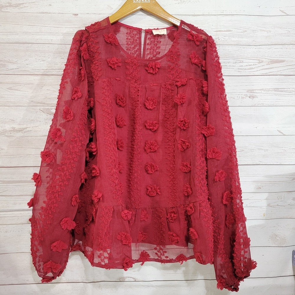 Hailey & Co Layered Gauze Top Womens 2X Deep Red Gauze Flowers Sheer Boho